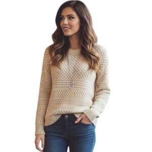 American Eagle Sweater Crochet Boho Women M Cottage Layers Chunky Y2K Knit Cream